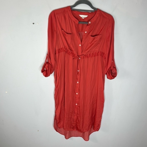 a:glow Dresses & Skirts - A:Glow Size XS Maternity Satin Cinch Waist Shirt Dress Pockets Roll Tab